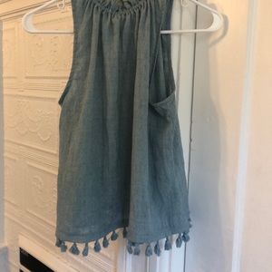 Rouched neck racer tank with fringe hem